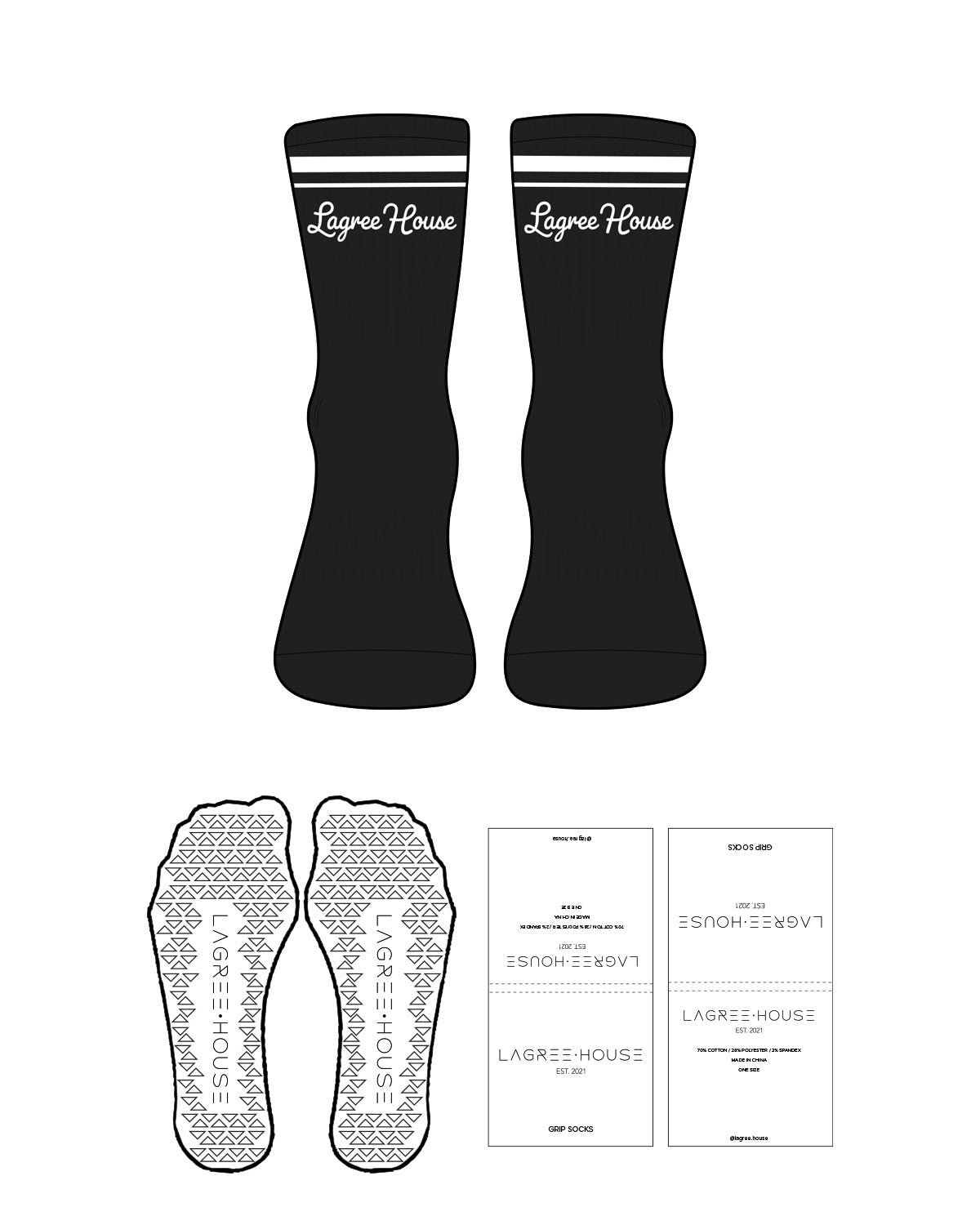 The 3/4 Crew Sock - Black - Lagree House - 2 Strips - Top Logo - White - Triangle Shape Grip - White