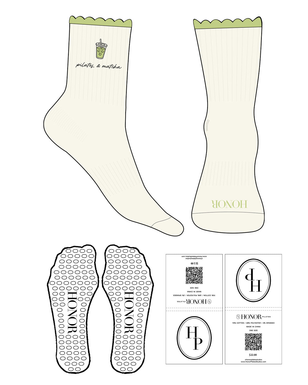 The 3/4 Scallop Crew Sock - Off White - Honor Pilates - Top Scallop - Top Logo Stacked & Toe Logo - Embroidered - Light Green - Circle Shape Grip - Transparent