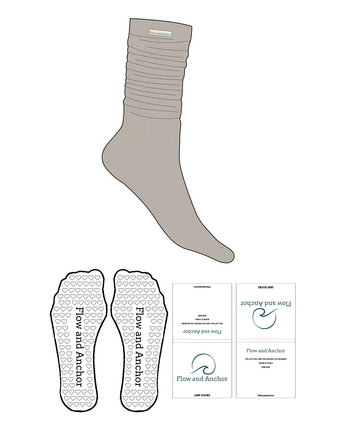 The Slouch Sock - Tan - Flow&Anchor - Top Center - Sew On Logos - Heart Shape Grip - Translucent