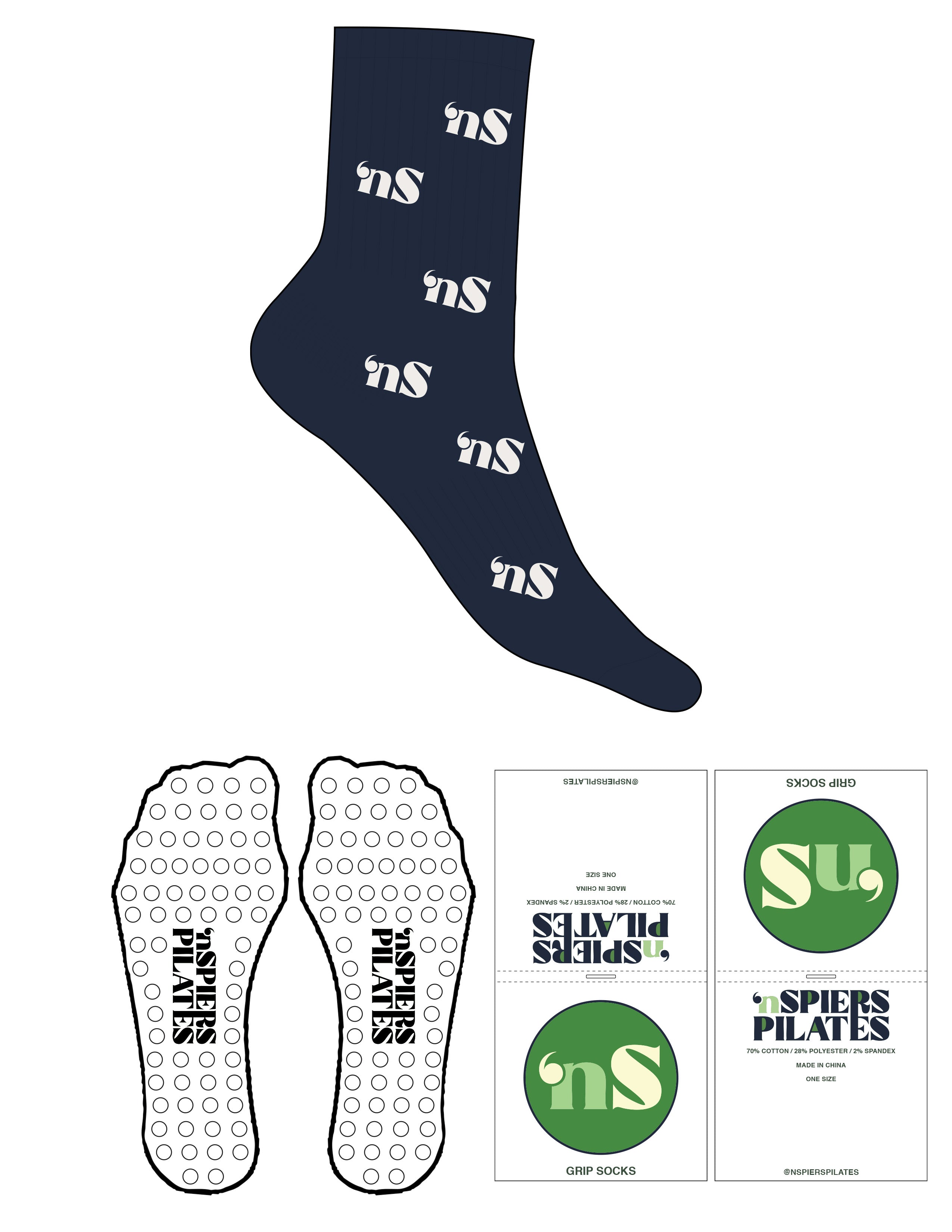 The 3/4 Crew Sock - Navy Blue - NSpiers - Full Sock Logo - Cloud Dancer - Circle Grip - Transparent