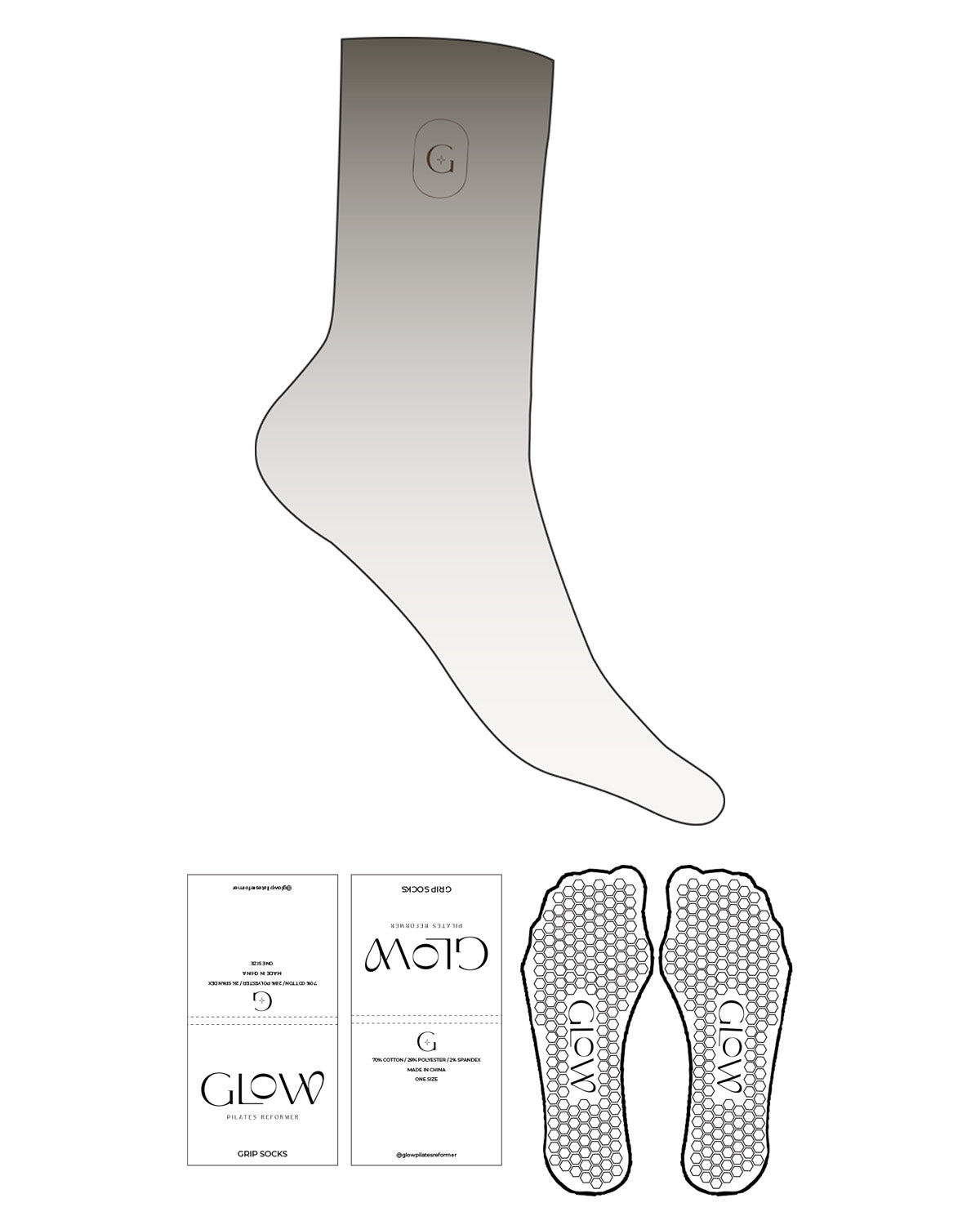 The Crew Sock - Brown / Off White Ombre - GlowPilates - Top Logo "G" - Brown - Hexagon Shape Grip - Brown