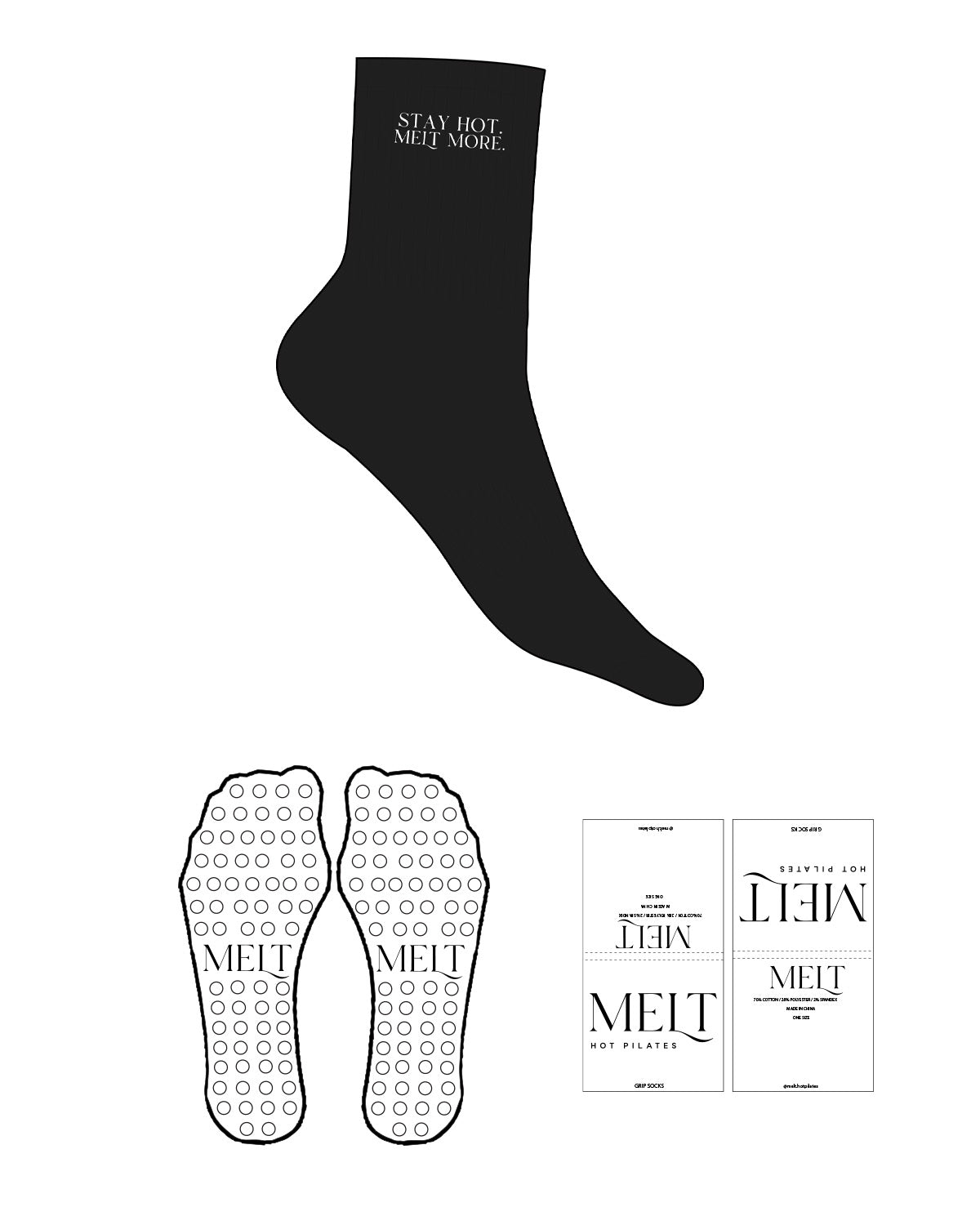 The 3/4 Crew Sock - Black - Melt Hot Pilates - "Stay Hot" - Embroidered - White - Circle Grip - Black
