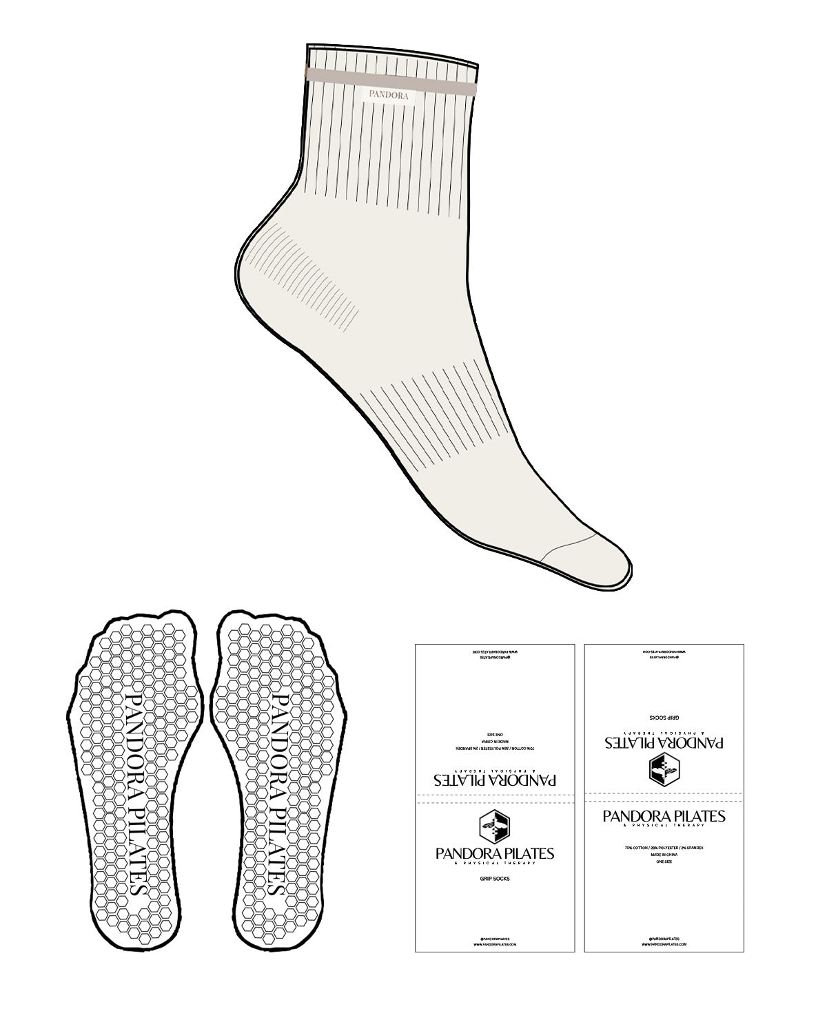 The Crew Sock - Cream - Pandora Pilates - Top Border & Text - Tonal Stripe -  Cream Embroidered Label - Hexagon Shape Grip - Transparent