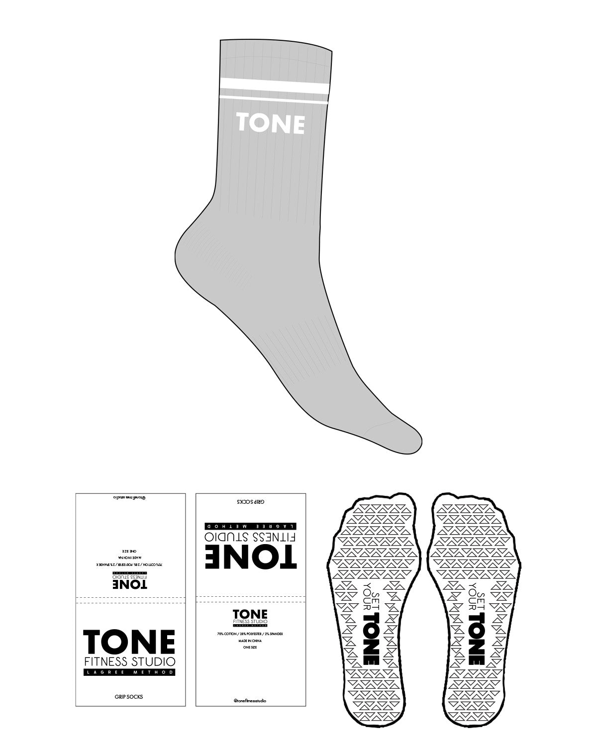 The Crew Sock - Heather - Tone Fitness Studio - 2 Stripes - Ankle Text - White - Triangle Grip - Transparent