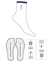 The 3/4 Crew Stripe Sock - White - Pilates Plus PB - Navy Stripe - Top Logo - EMB -  Full Color - Circle Grip - Navy