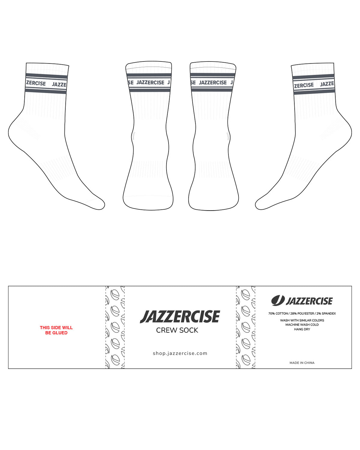 The 3/4 Crew Sock - White - Jazzercise - Stripes - Toe - Cool Gray - No Grip