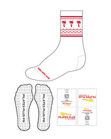 The Crew Sock - White - Pilates Plus PB - Right Toe "With your fries" & Left Toe "Have some shakes" Text - Pine Tree Lining - Red Circle Grip - Red