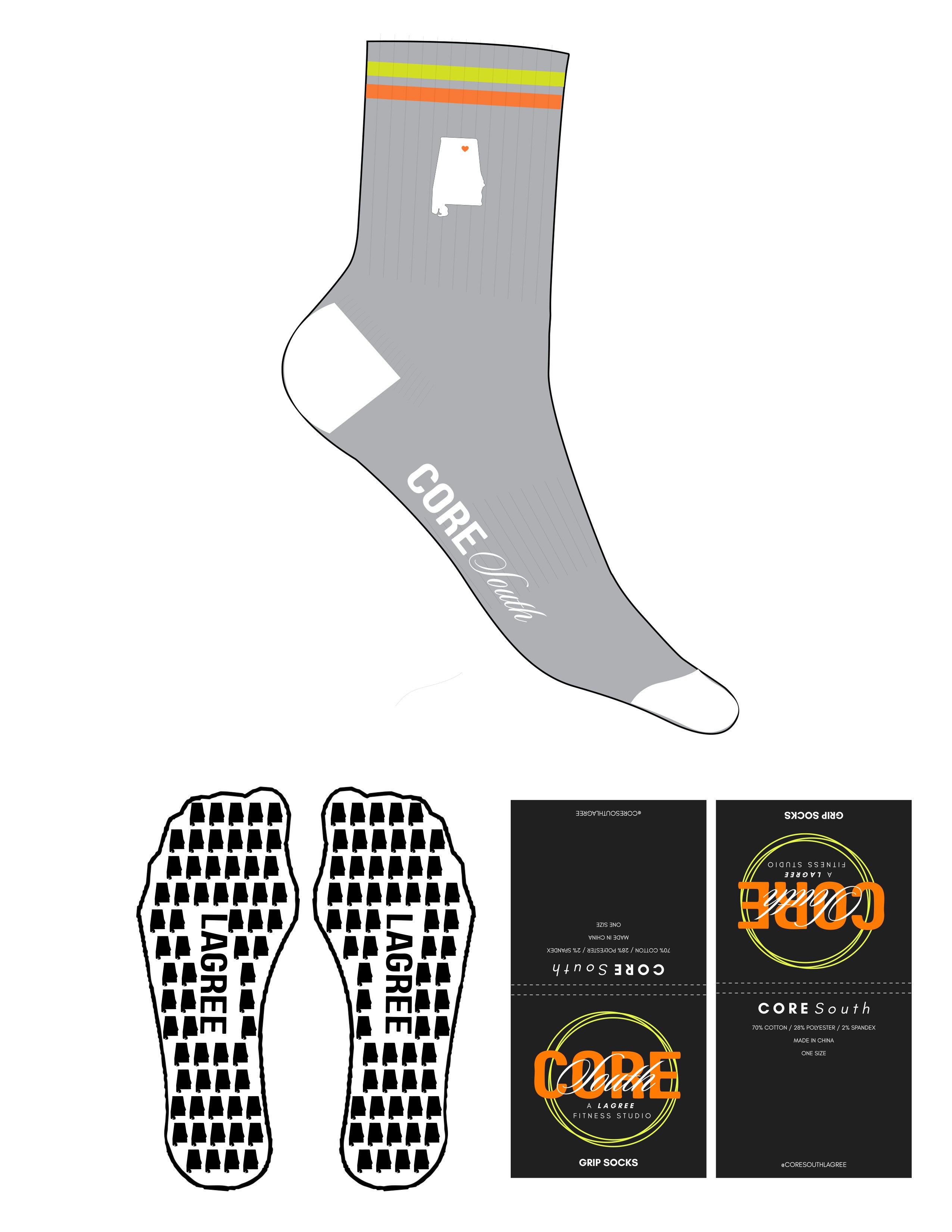 The 3/4 Crew Sock - Harbor Mist - Core South Lagree - Orange Peel & Neon Yellow Stripes - White & Orange Peel Embroidered Top Logo - White Heel, Toe & Sole Logo - Alabama Shape Grip - Orange Peel