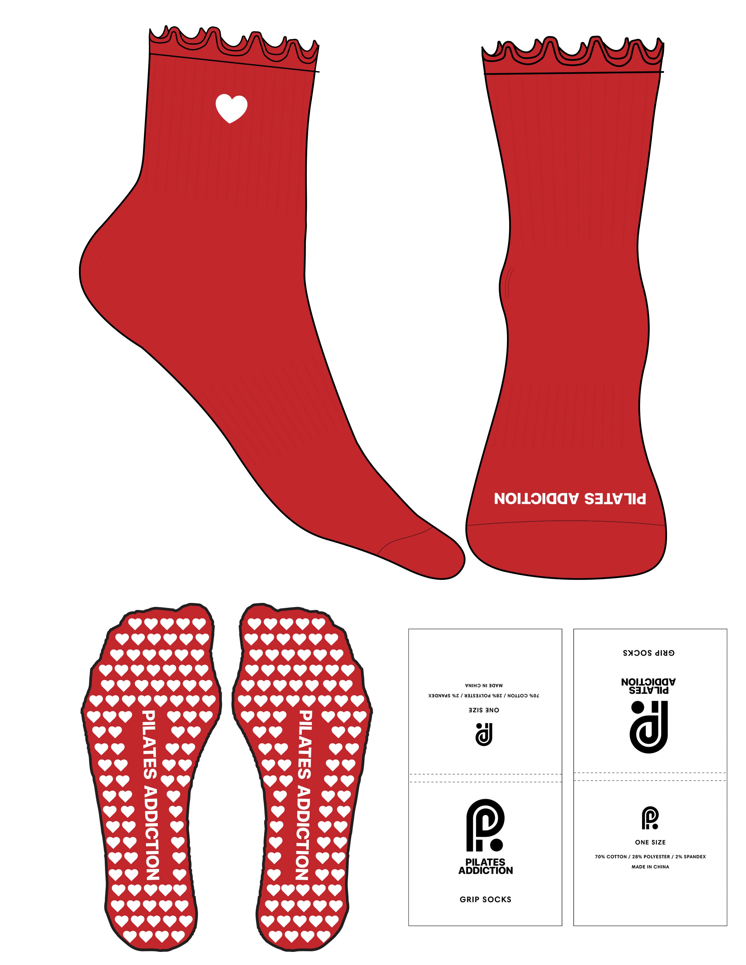 The 1/2 Crew Sock - Red - Pilates Addiction - Red Ruffle - Top Logo Embroidered - Toe Logo - White - Heart Grip - White