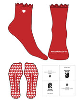 The 1/2 Crew Sock - Red - Pilates Addiction - Red Ruffle - Top Logo Embroidered - Toe Logo - White - Heart Grip - White