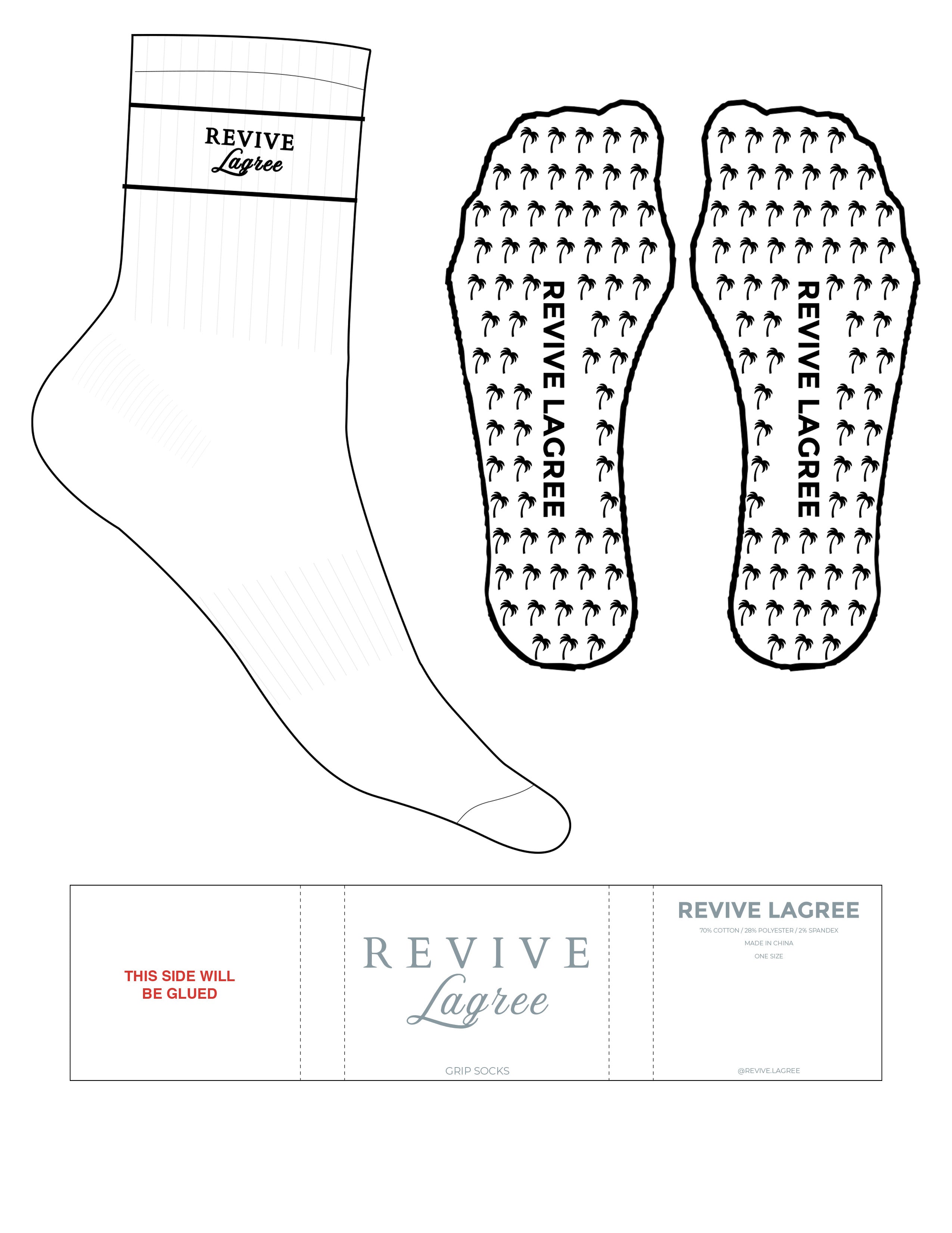 The 3/4 Crew Sock - White - Revive Lagree - Black Stripes - Top Logo Stacked - Embroidered - Black - Palm Tree Grip - Black