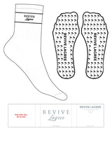 The 3/4 Crew Sock - White - Revive Lagree - Black Stripes - Top Logo Stacked - Embroidered - Black - Palm Tree Grip - Black