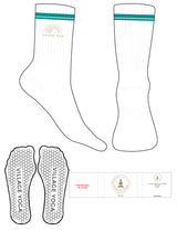 The Crew Sock - White - Village Yoga - 2 Stripes Printed - Turquoise - Top Logo - Embroidered - Gold - Hexagon Grip - Turquoise