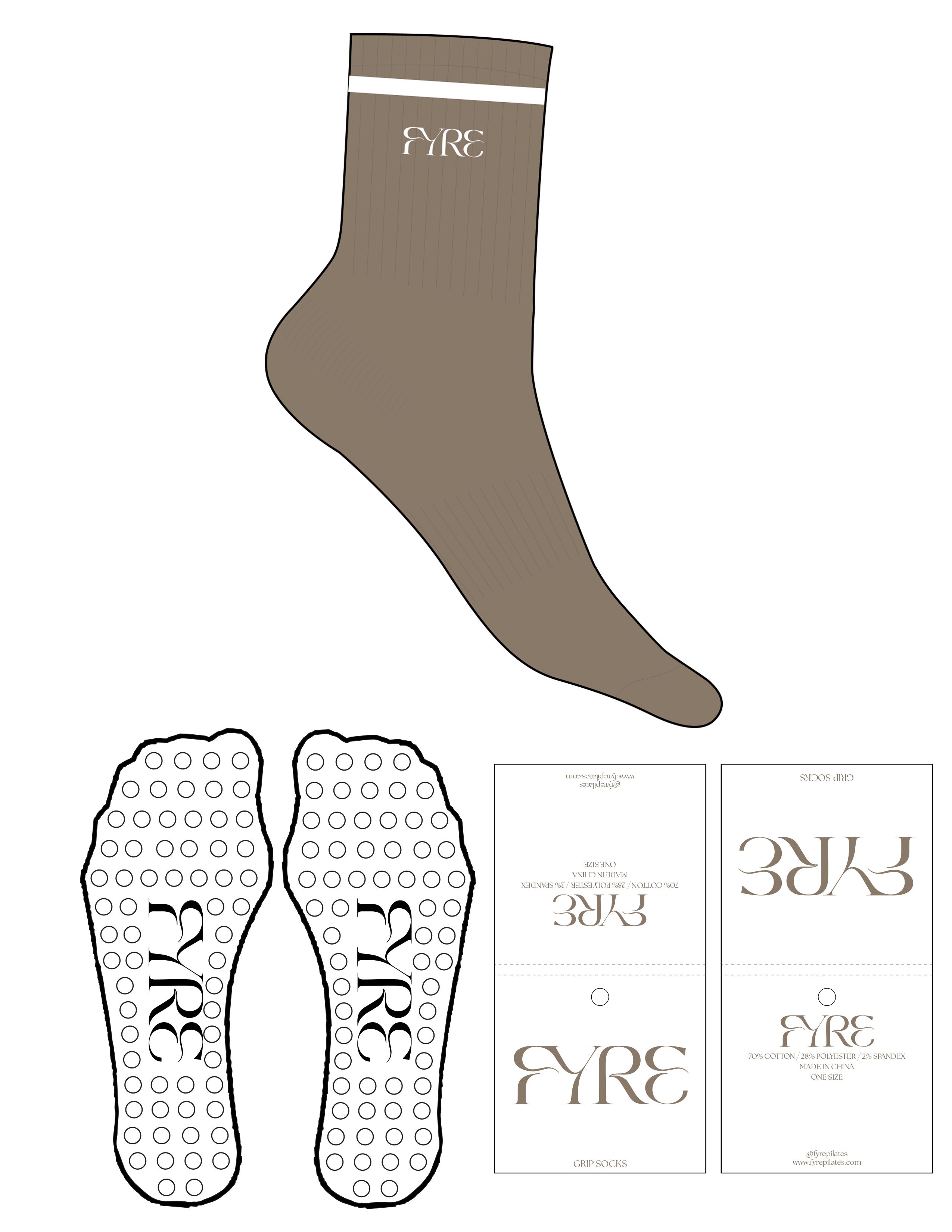 The 3/4 Crew Sock - Fungi - Fyre Pilates - 1 Stripe Printed White - Top Logo - EMB - White - Circle Grip - Transparent