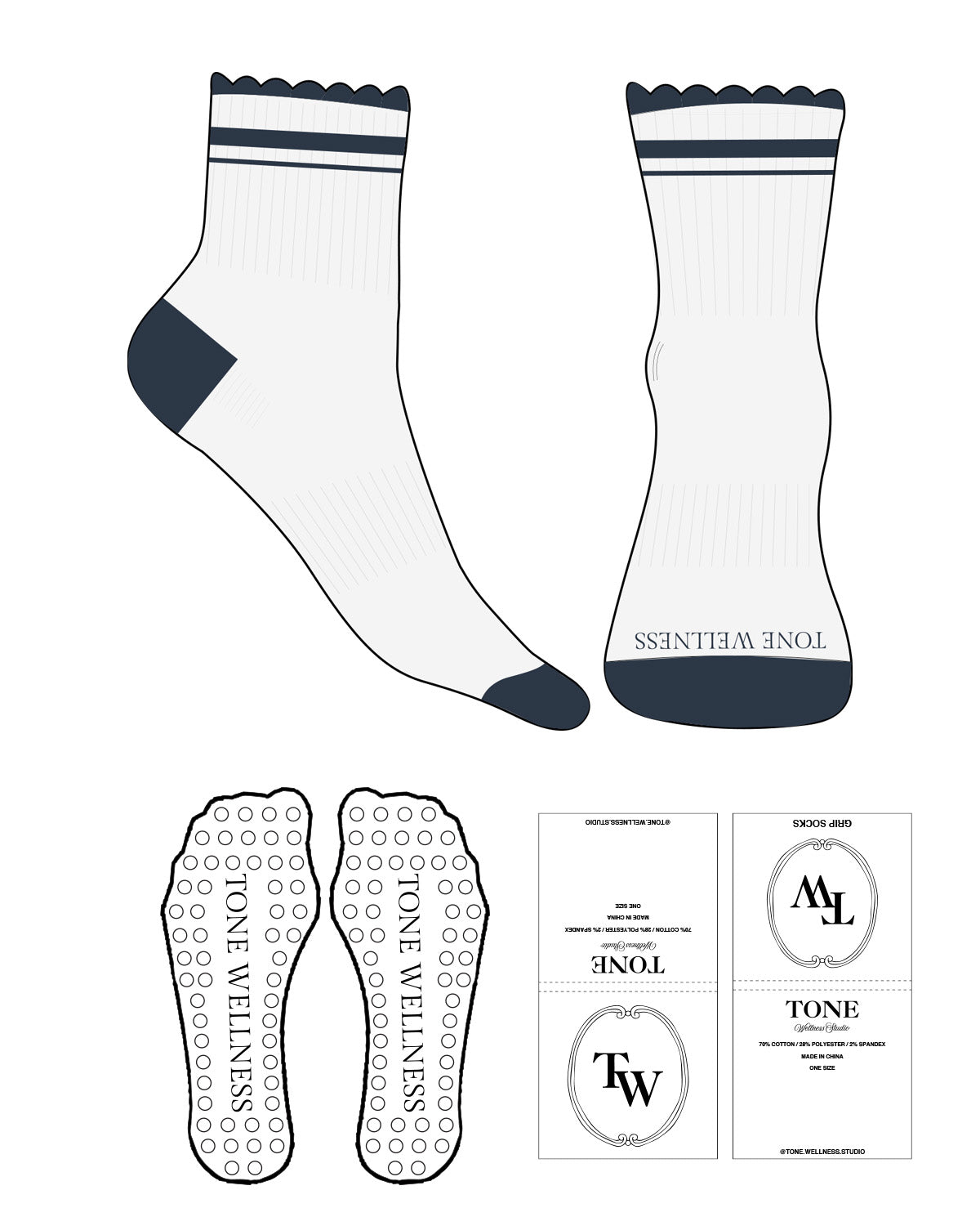 The 1/2 Crew Sock - Heather - Tone Wellness Studio - 2 Strips - Navy Frill - Toe Logo - Navy - Circle Grip - Navy