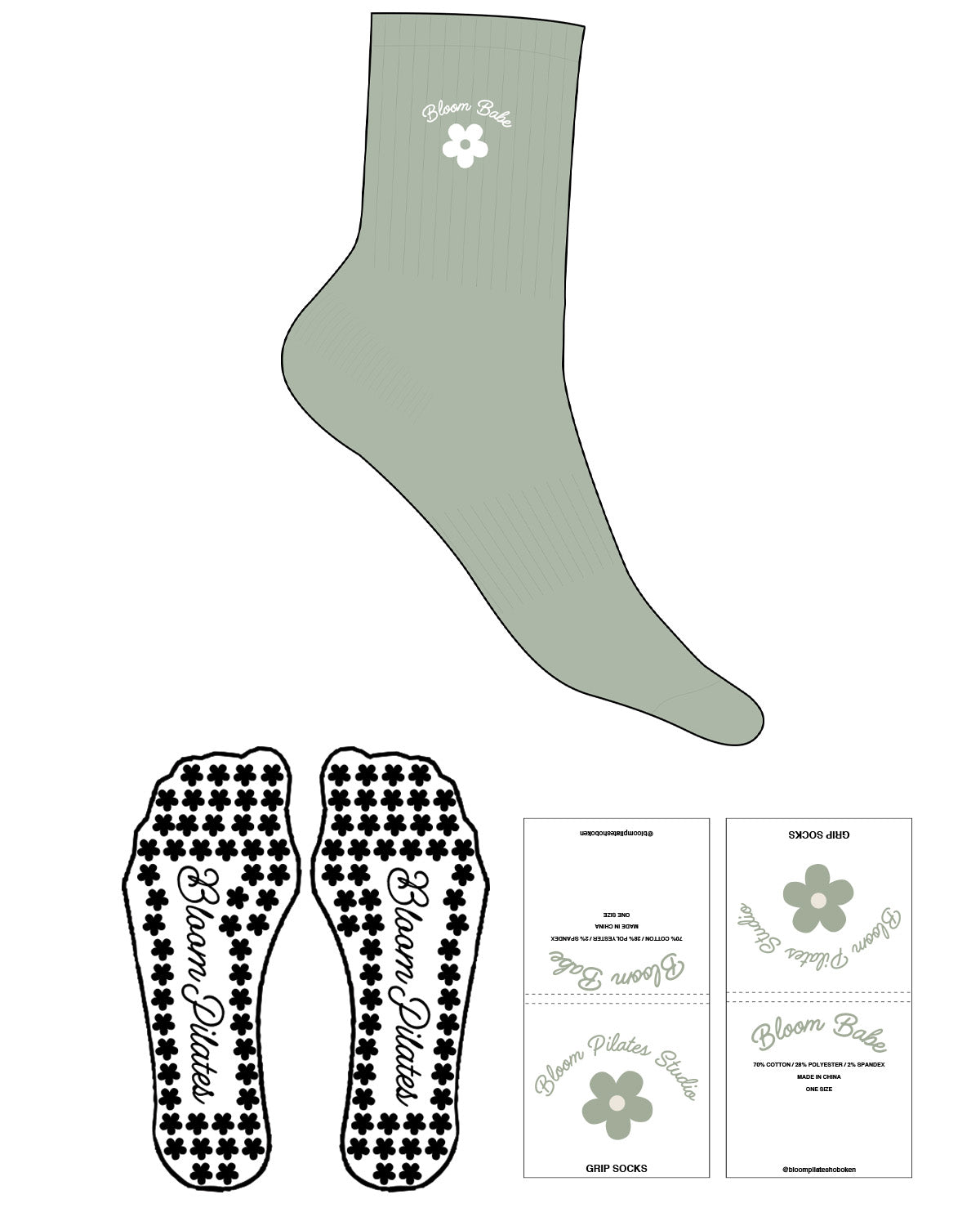 The 3/4 Crew Sock - Sage - Bloom Pilates - Top Logo - Embroidered - White - Flower Grip - Transparent