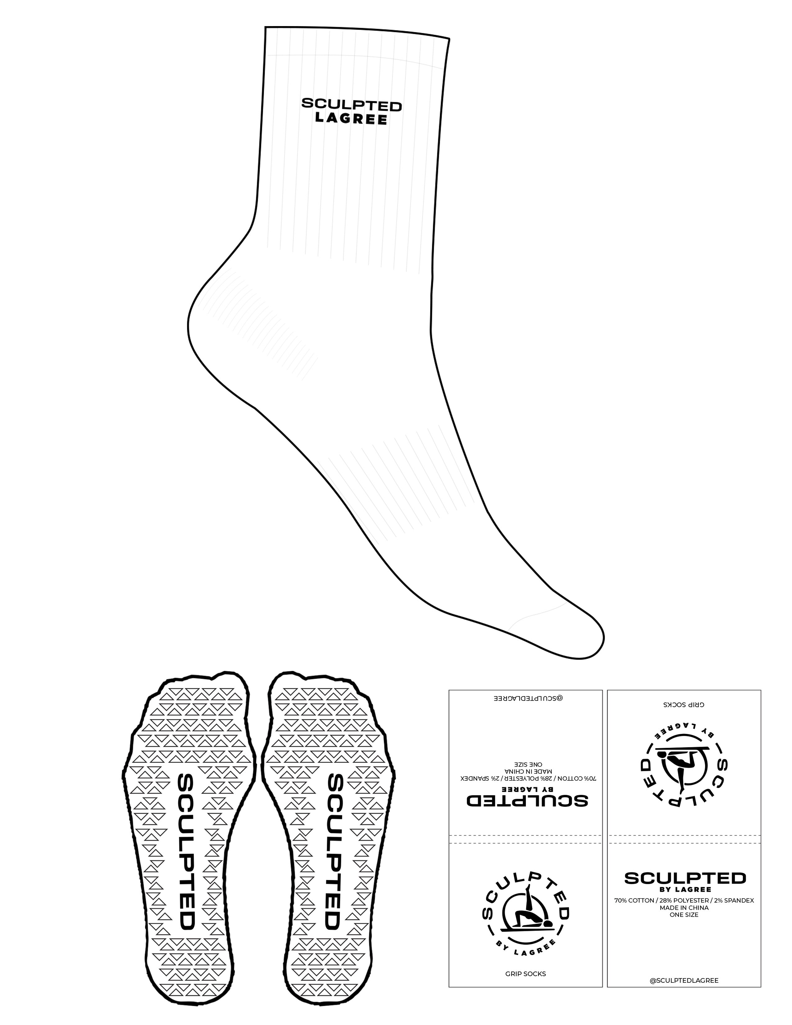 The 3/4 Crew Sock - White - Sculpted By Lagree - Top Logo Stacked - Embroidered - Black - Triangle Grip - Black