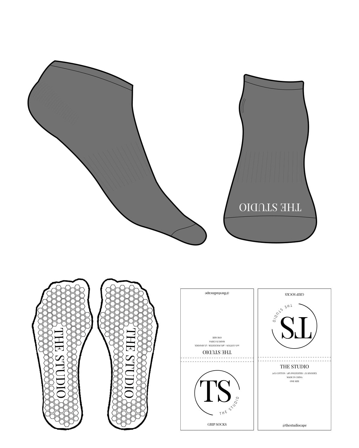 The Ankle Sock - Charcoal - The Studio Cape - Front Logo - White - Hexagon Shape Grip - Transparent