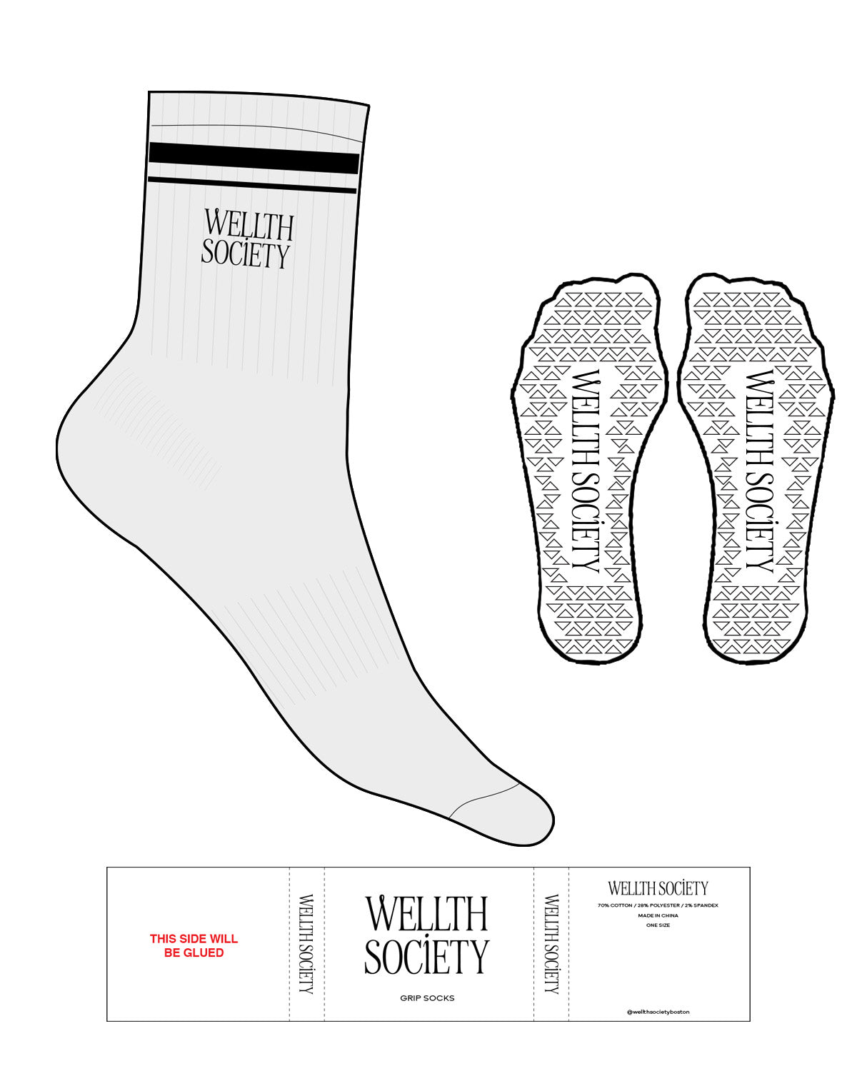 The 3/4 Crew Sock - Heather - Wellth Society - 2 Strips - Top Logo Stacked - Embroidered - Black - Triangle Shape Grip - Transparent