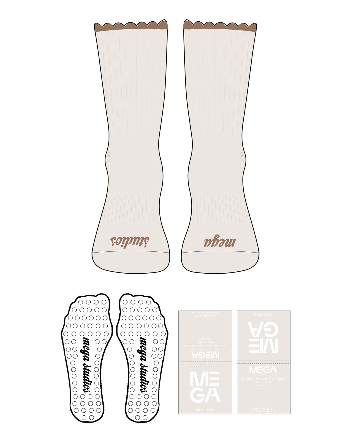 The Crew Sock - Off White - Mega NJ - Front Logos - Sand - Circle Shape Grip - Transparent