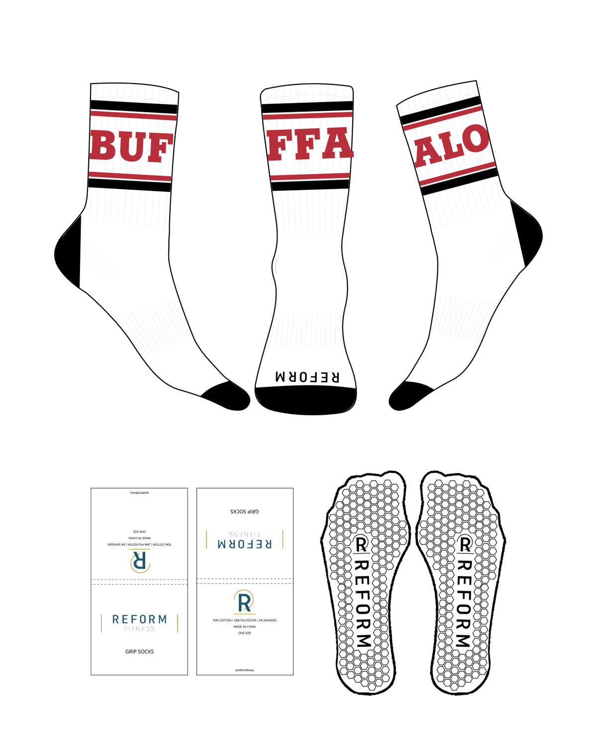 The Crew Sock - White - Reform Fitness - 4 Stripes - Full Color - BUFFALO - Red - Toe & Heel - Black - Hexagon Grip - Transparent