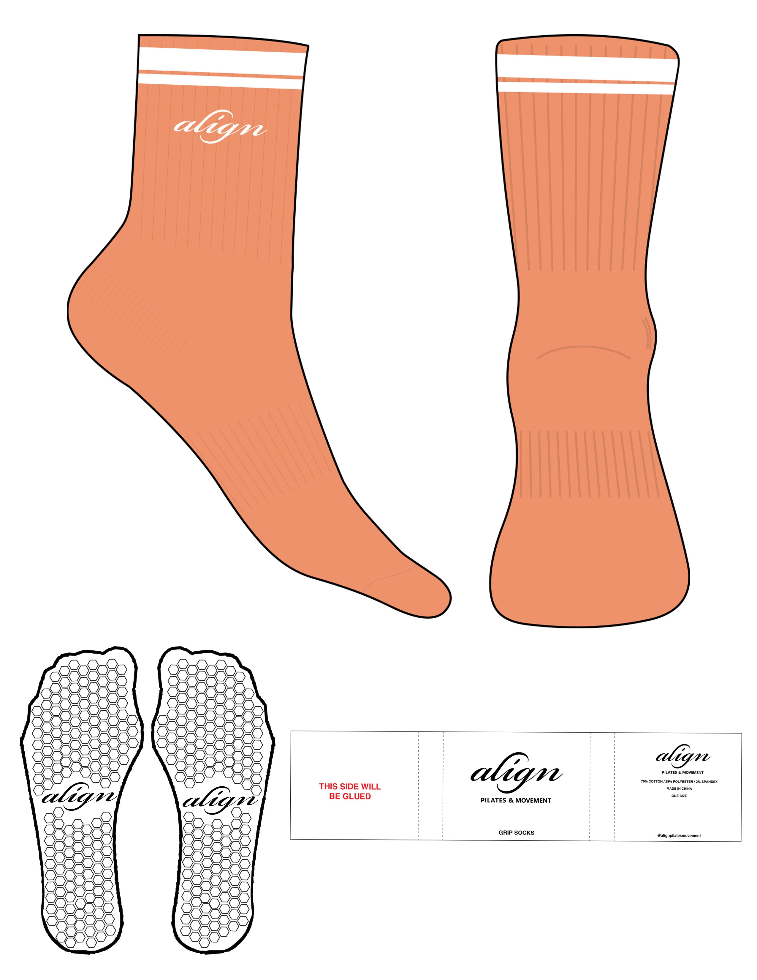 The 3/4 Crew Sock - Orange - Align Pilates & Movement - 2 Stripes - Top Logo - Embroidered - White - Hexagon Grip - White