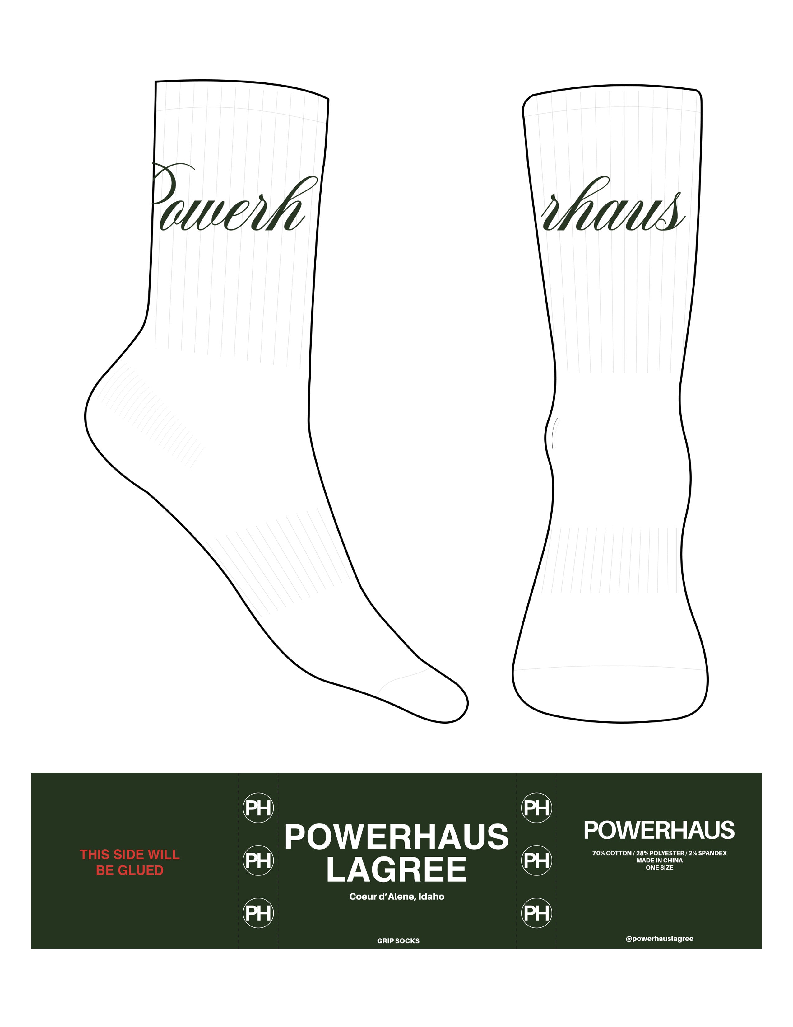 The Crew Sock - White - Powerhaus Lagree - Top Logo Wrapped - Forest Green - Heart Grip - Forest Green