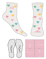 The 1/2 Crew Sock - Cloud Dancer - Tight Dallas - Full Color Hearts - Top Logo Embroidered - Toe Logo Pink - Aqua - Heart Grip - Pink