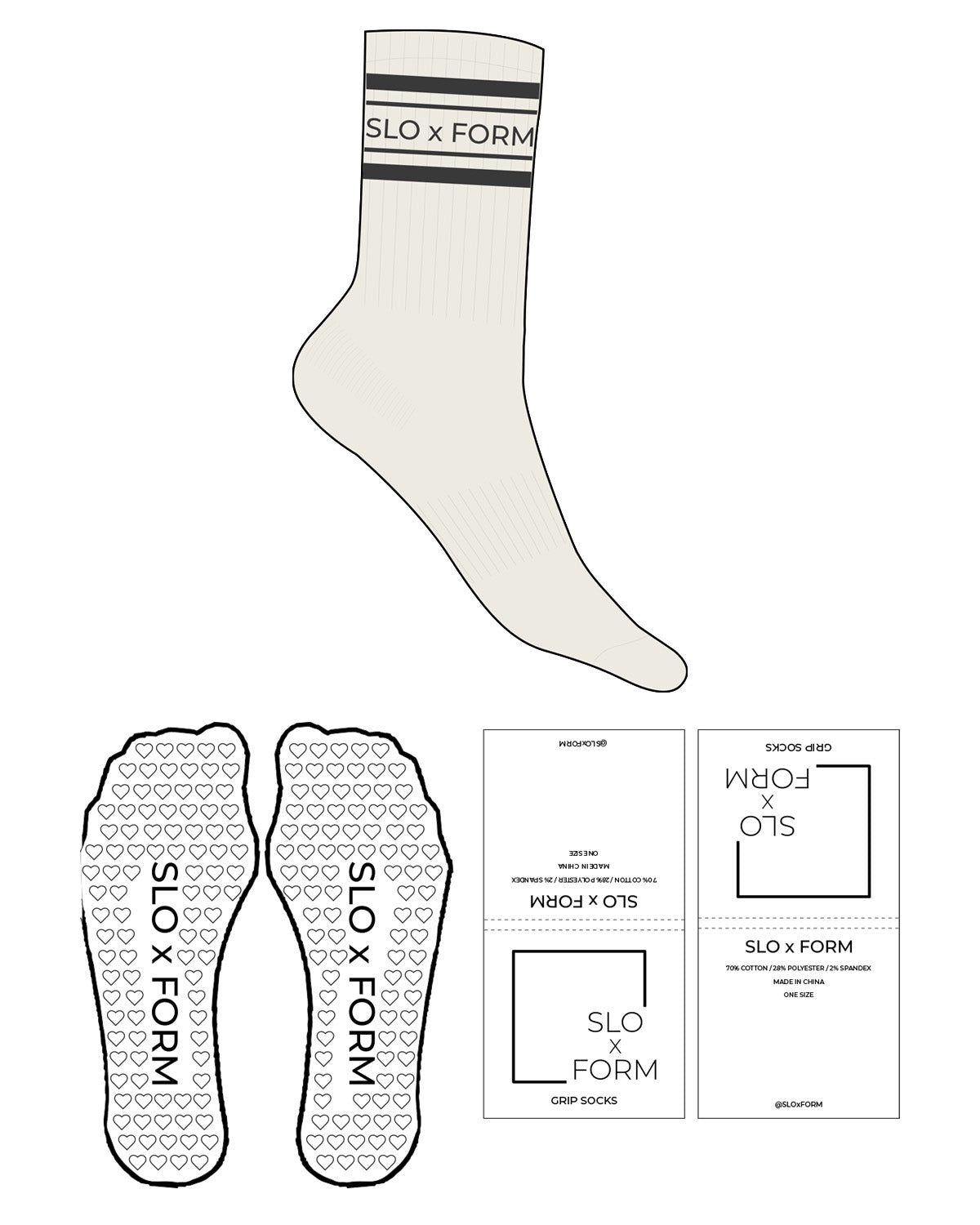 The Crew Sock - Off White - Slo x Form - Charcoal Stripes - Top Logo - Charcoal - Heart Grip - Charcoal
