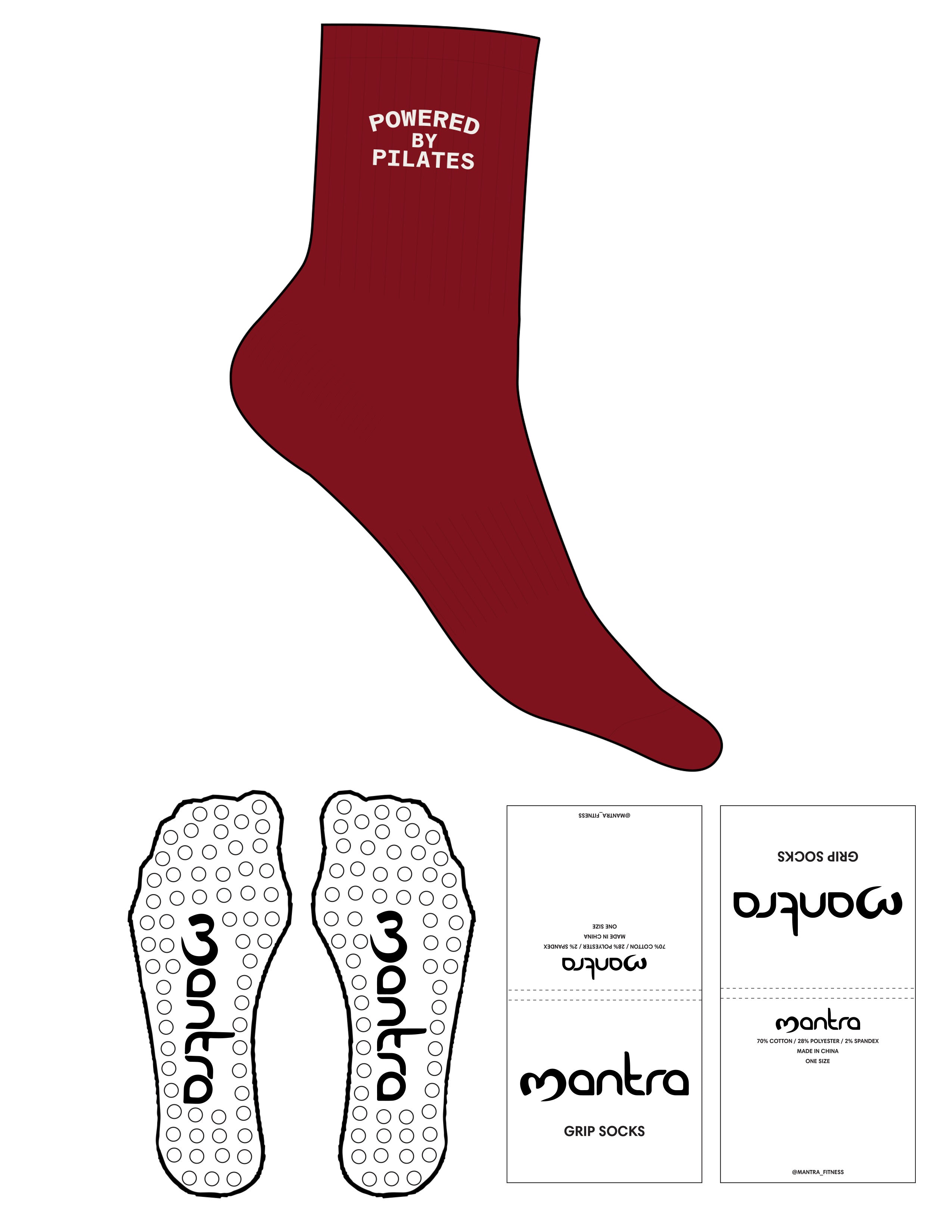 The 3/4 Crew Sock - Berry - Mantra - Top Logo "PILATES" - Embroidered - Cloud Dancer - Circle Grip - Transparent