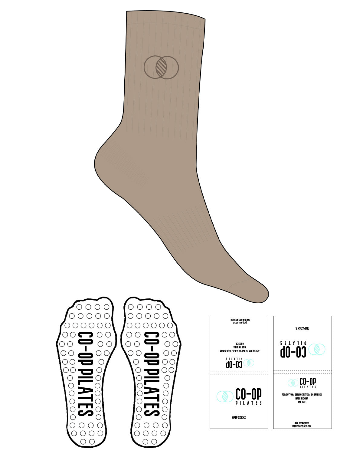 The Crew Sock - Oat Milk - Co-Op Pilates - Top Logo Round - Embroidered - Tone on Tone - Circle Shape Grip - Transparent