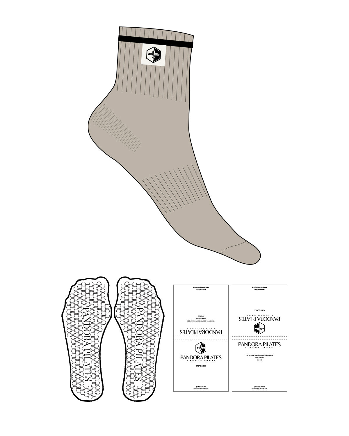 The 1/2 Crew Sock - Tan - Pandora Pilates - Black Stripe - Embroidered Label - Cream - Hexagon Shape Grip - Black