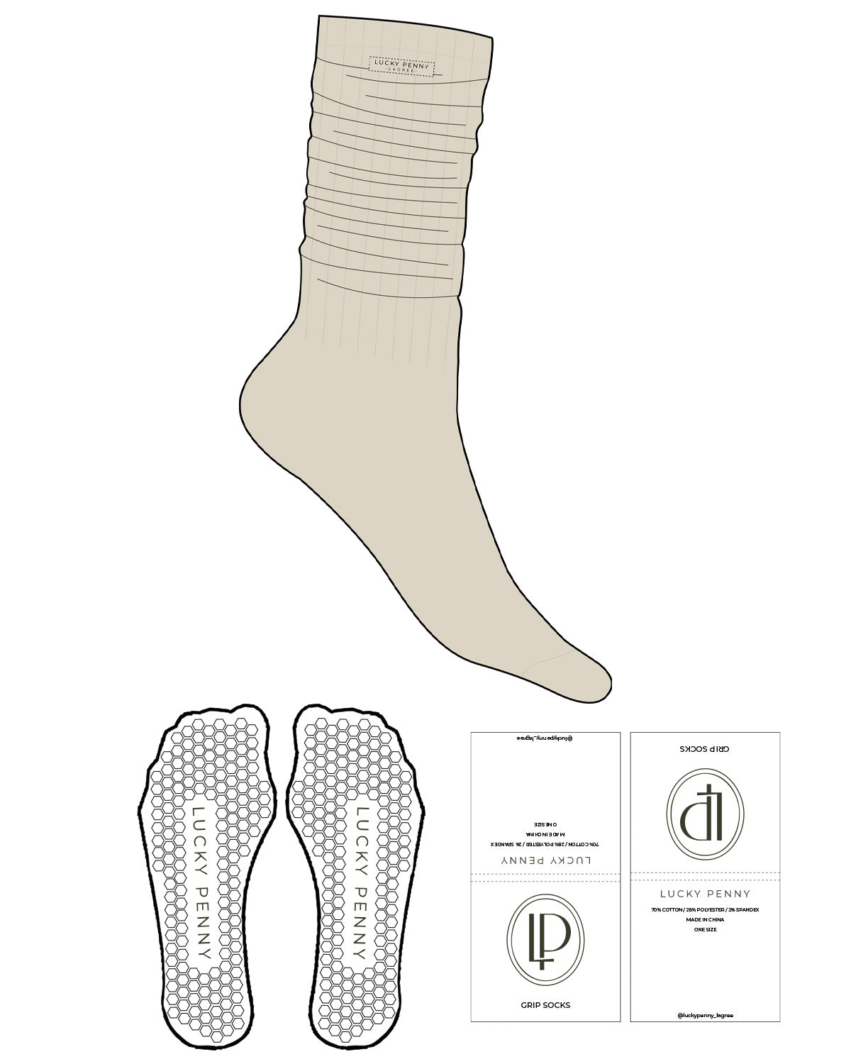 The Slouch Sock - Off White - Lucky Penny - Sew on Label - Hexagon Shape Grip - Transparent