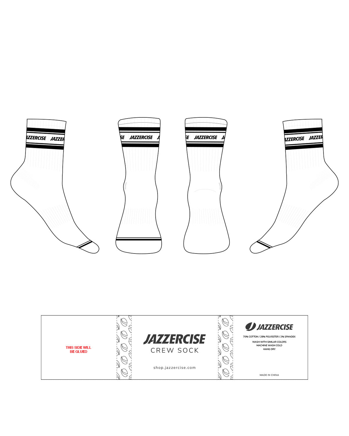 The 3/4 Crew Sock - White - Jazzercise - 3 Strips - Top Logo - Black