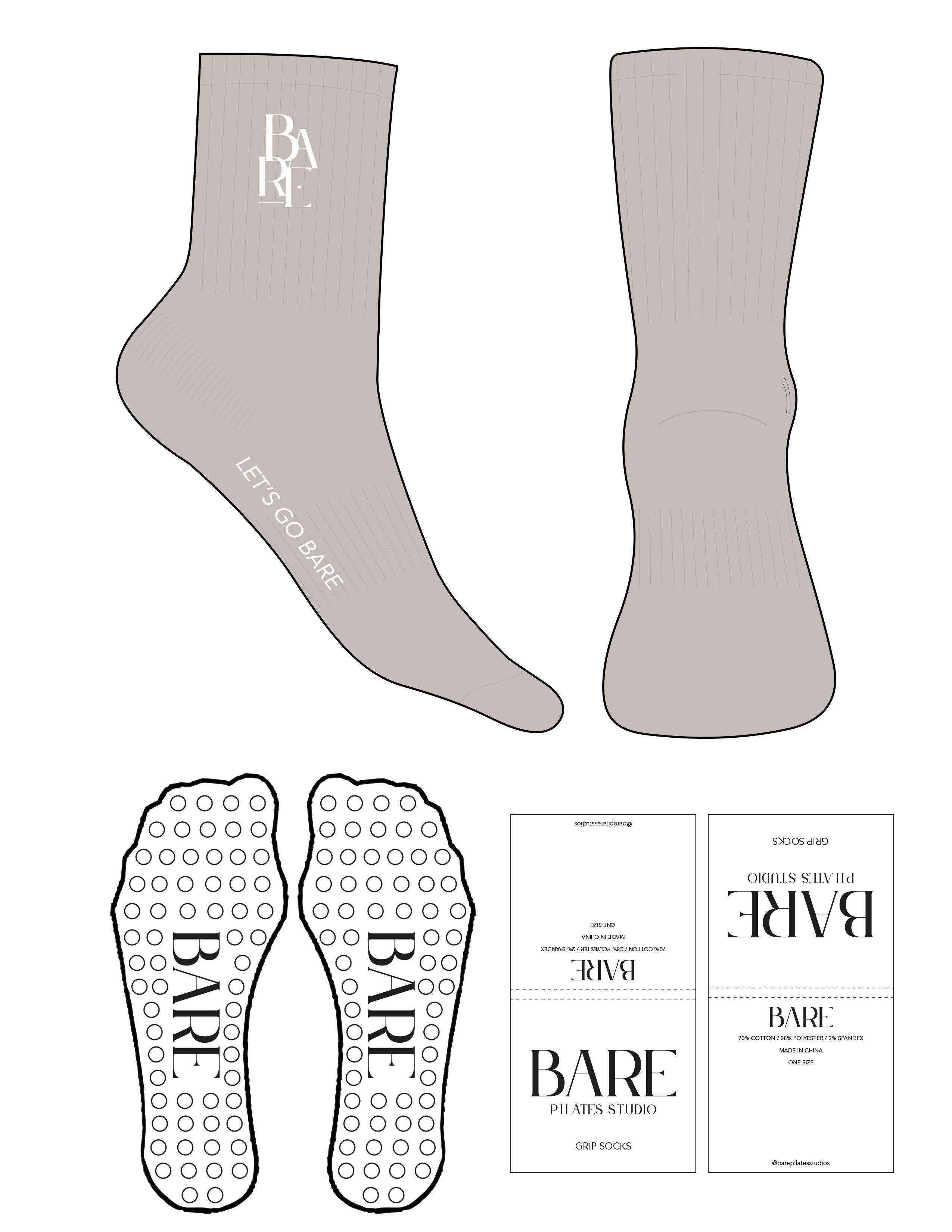 The 3/4 Crew Sock - Oat Milk - Bare Pilates - Top & Sole Logo - Printed - White - Circle Grip - Transparent