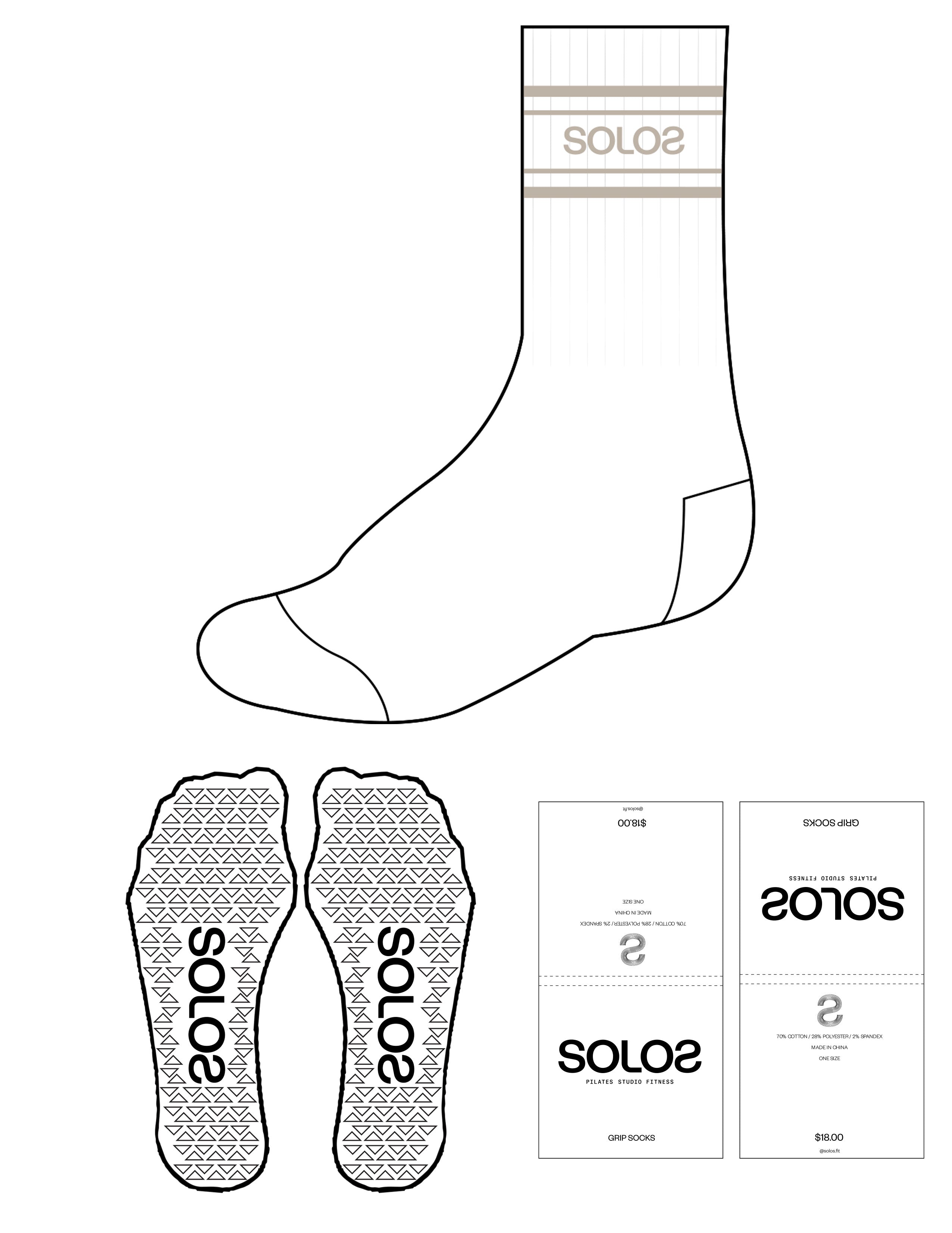 The Crew Grip Sock - White - Solo Pilates - Tan Logos / Tan Bands / Tan Grip
