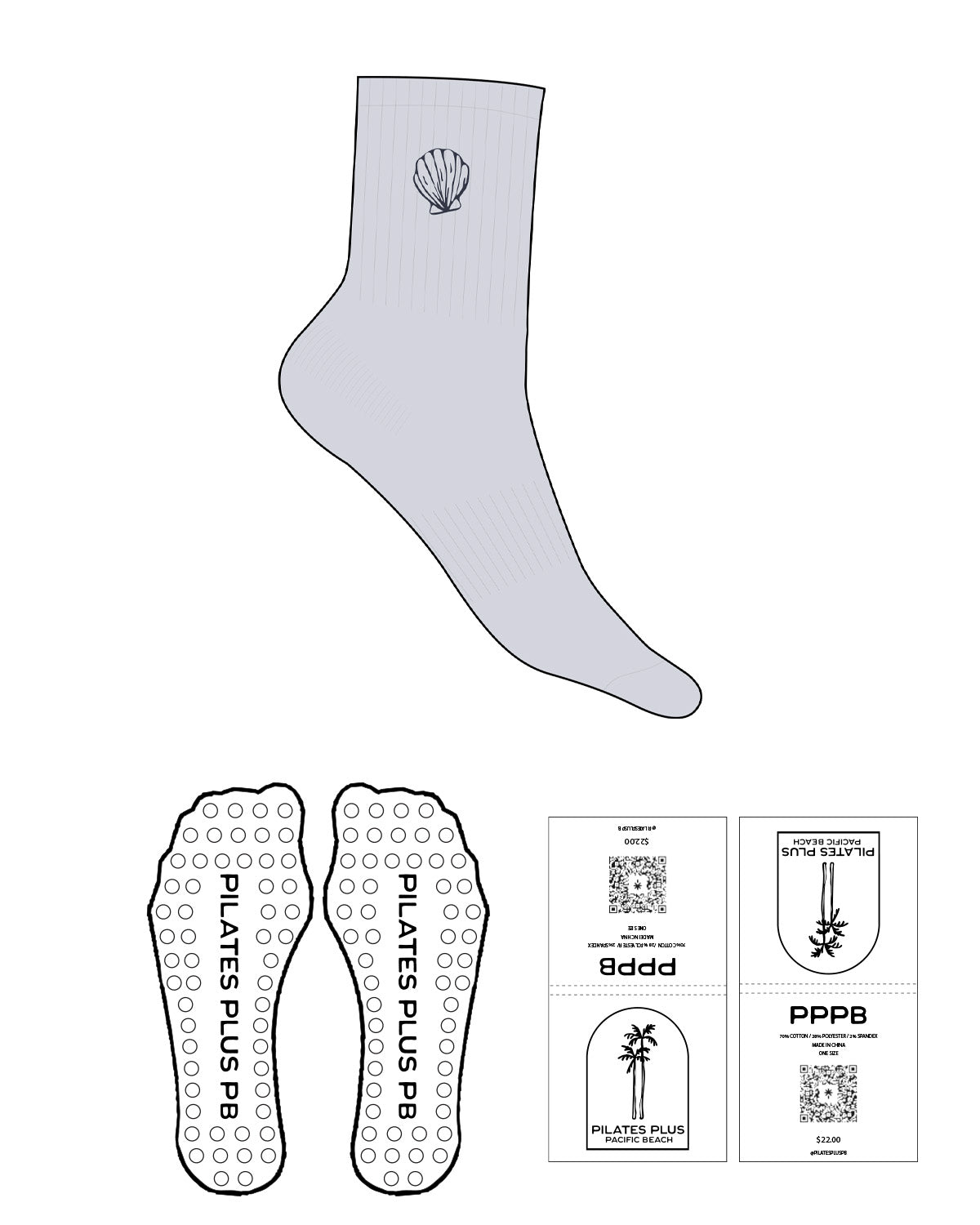 The 3/4 Crew Sock - Heather - Pilates Plus PB - Top Logo Shell - Embroidered - Navy - Circle Grip - Navy