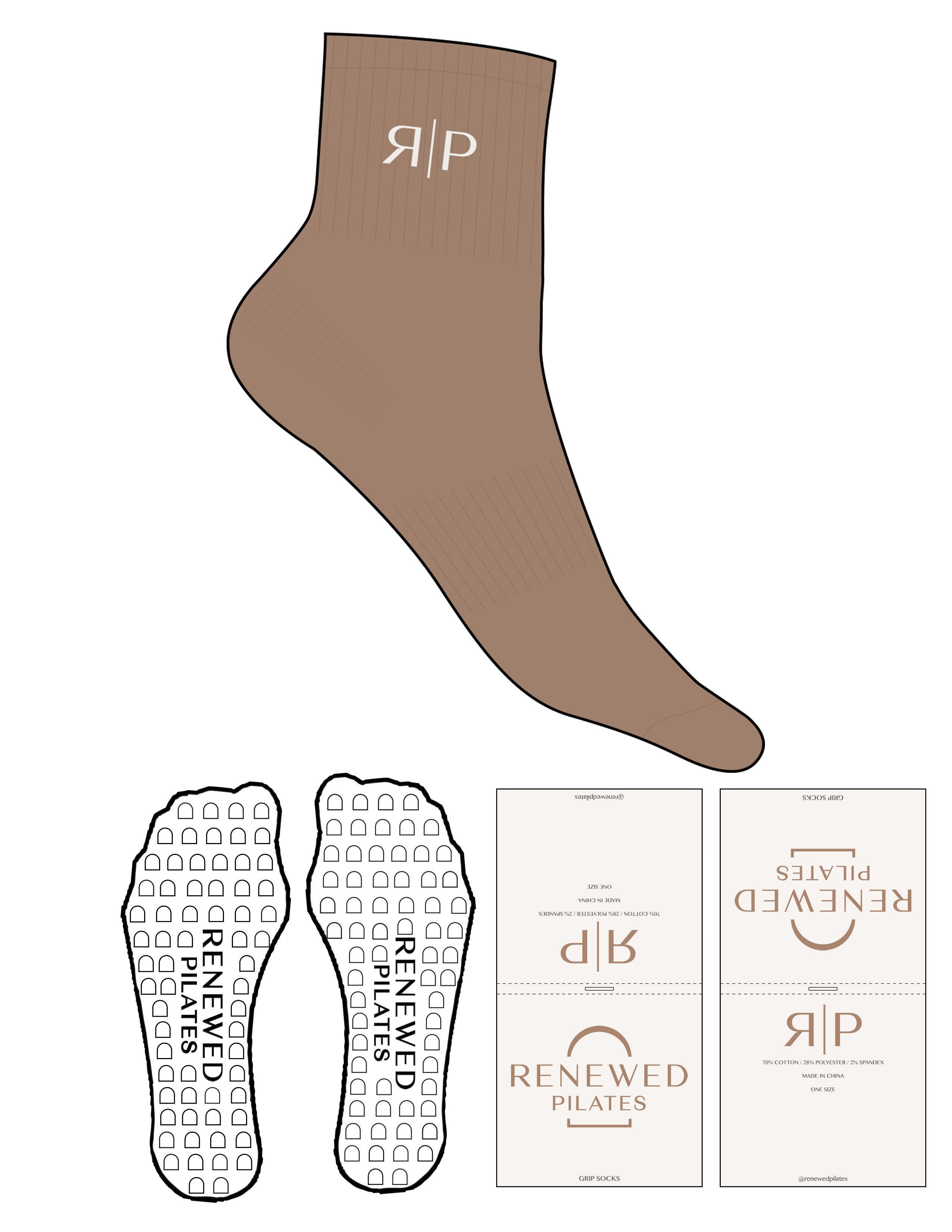 The 1/2 Crew Sock - Petal - Renewed Pilates - Top Logo - EMB - Cloud Dancer - Custom Grip - Transparent