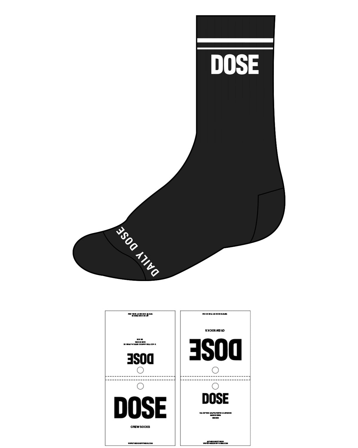The Crew Sock - Black - Dose - 2 Strips - Top & Toe Logo - White