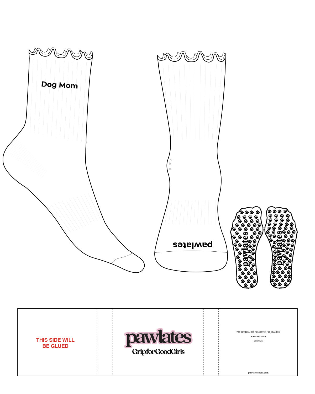 The 3/4 Crew Sock - White - Pawlates - Top Frills - Bkack - Embroidered - Toe Logo - Printed - Black - Paw Grip - Black
