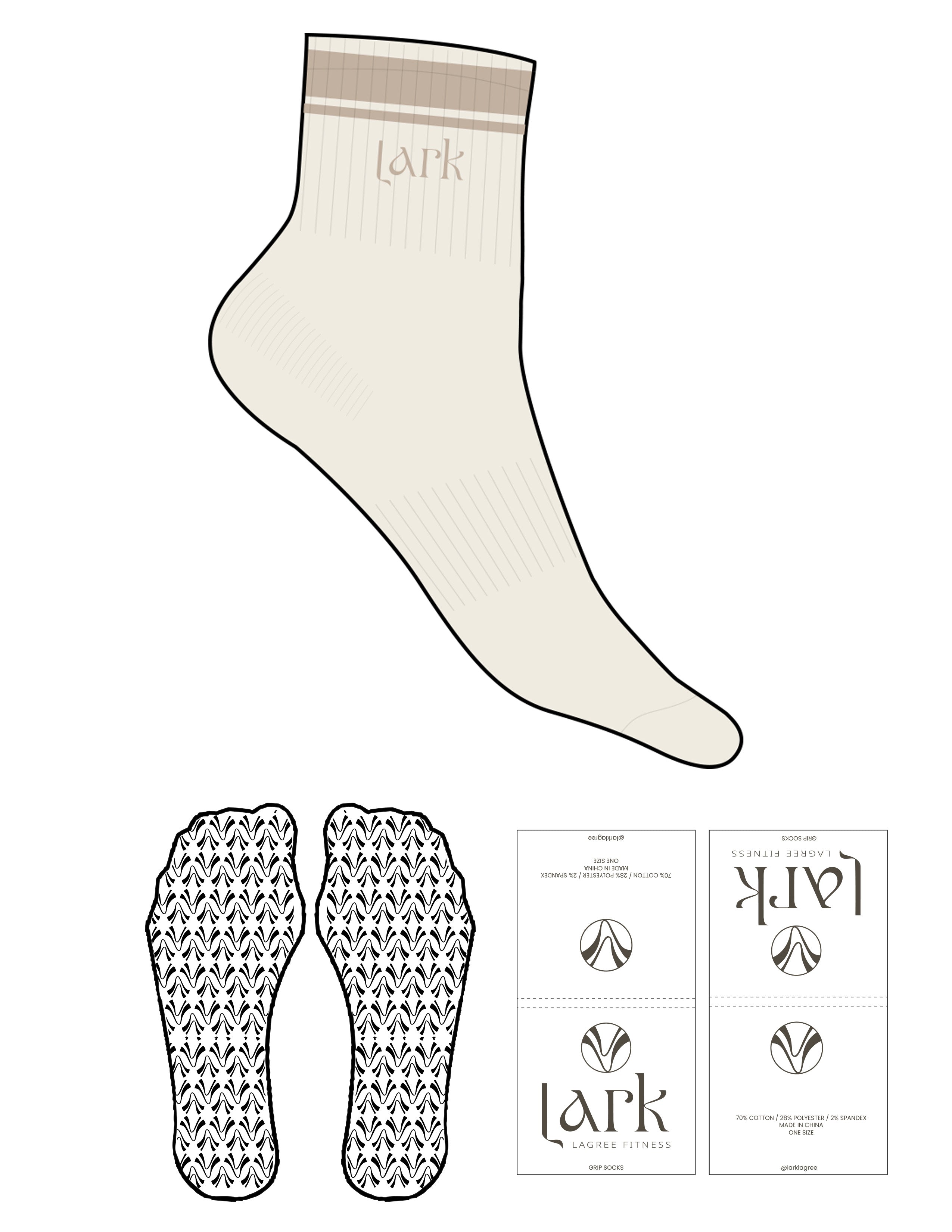 The 1/2 Crew Sock - Off White -  Pure Movement LARK - 2 Stripes - Top Logo Embroidered - Fawn - Custom Grip - Transparent