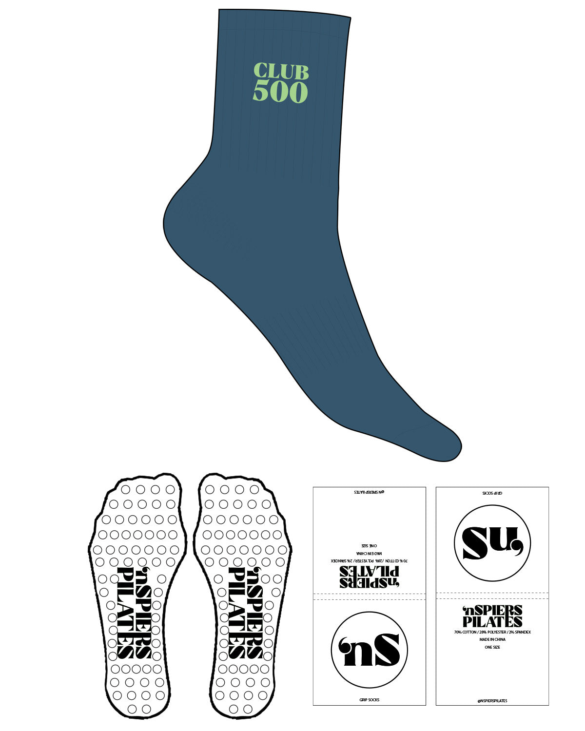 The 3/4 Crew Sock - #35576e - NSpiers - Top Logo "CLUB 500" - Embroidered - Light Green - Circle Grip - Transparent