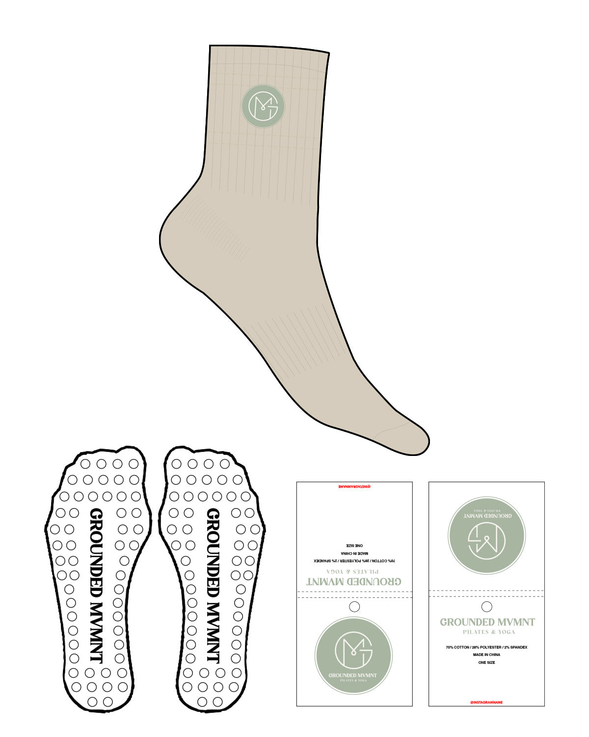 The 3/4 Crew Sock - Sand - GroundedMvmnt - Full Color - Embroidered - Circle Shape Grip - Transparent