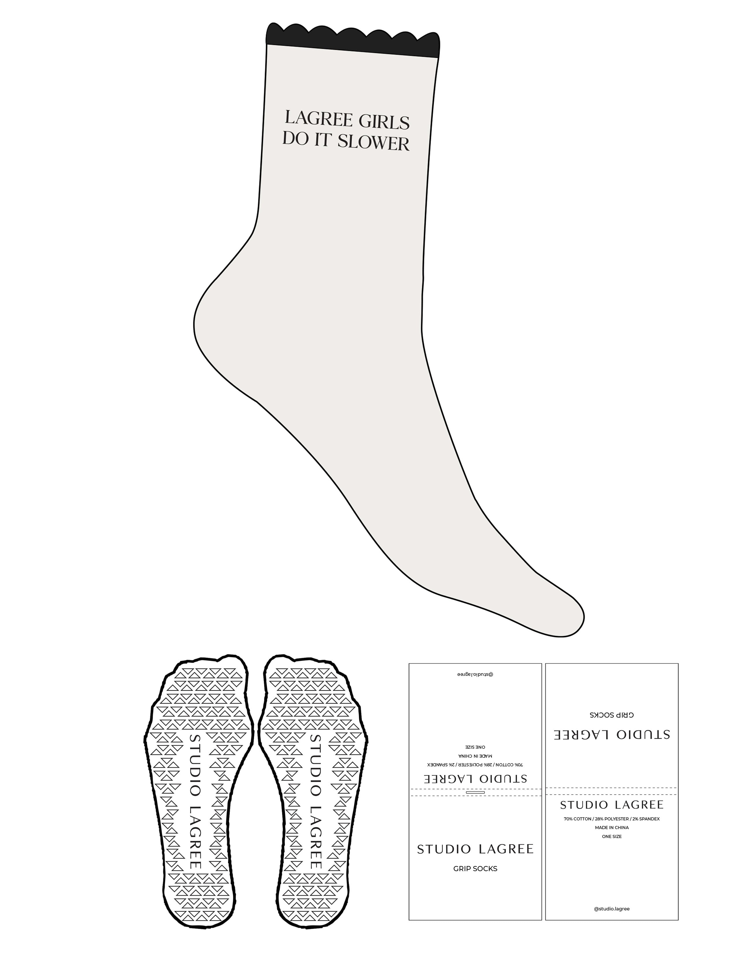 The 3/4 Crew Sock - Cloud Dancer - Studio Lagree - Black Scallop - Top Logo Stacked - Printed - Black - Triangle Grip - Black