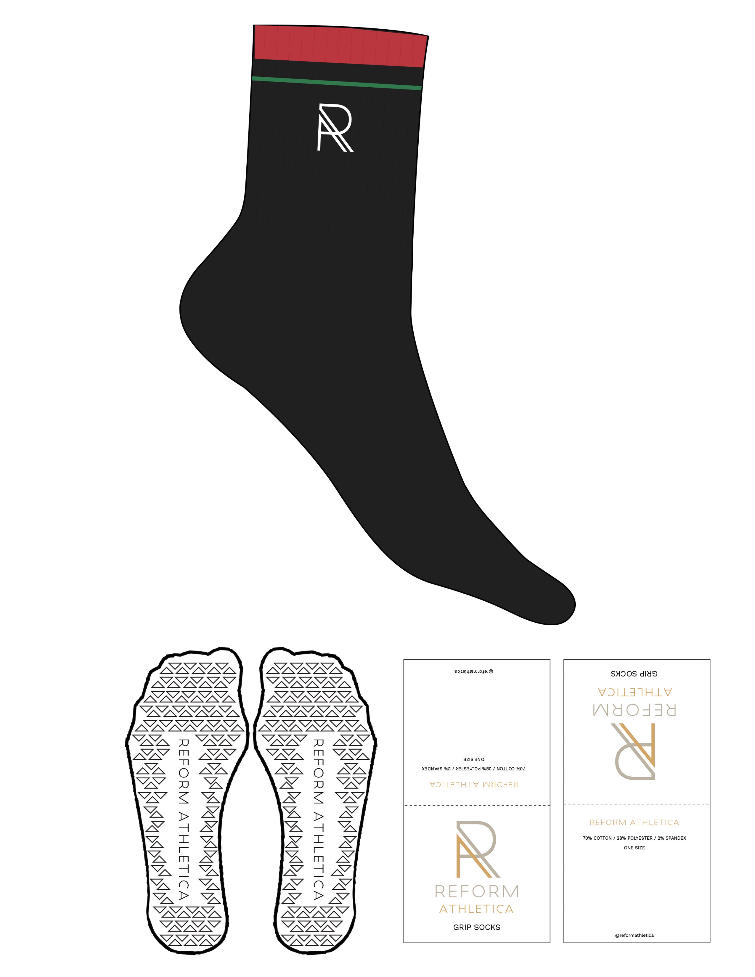 The 3/4 Crew Sock - Black - Reform Athletica - Apple & Rococco Red Stripes - Top Logo - Embroidered - White - Triangle Grip - Apple