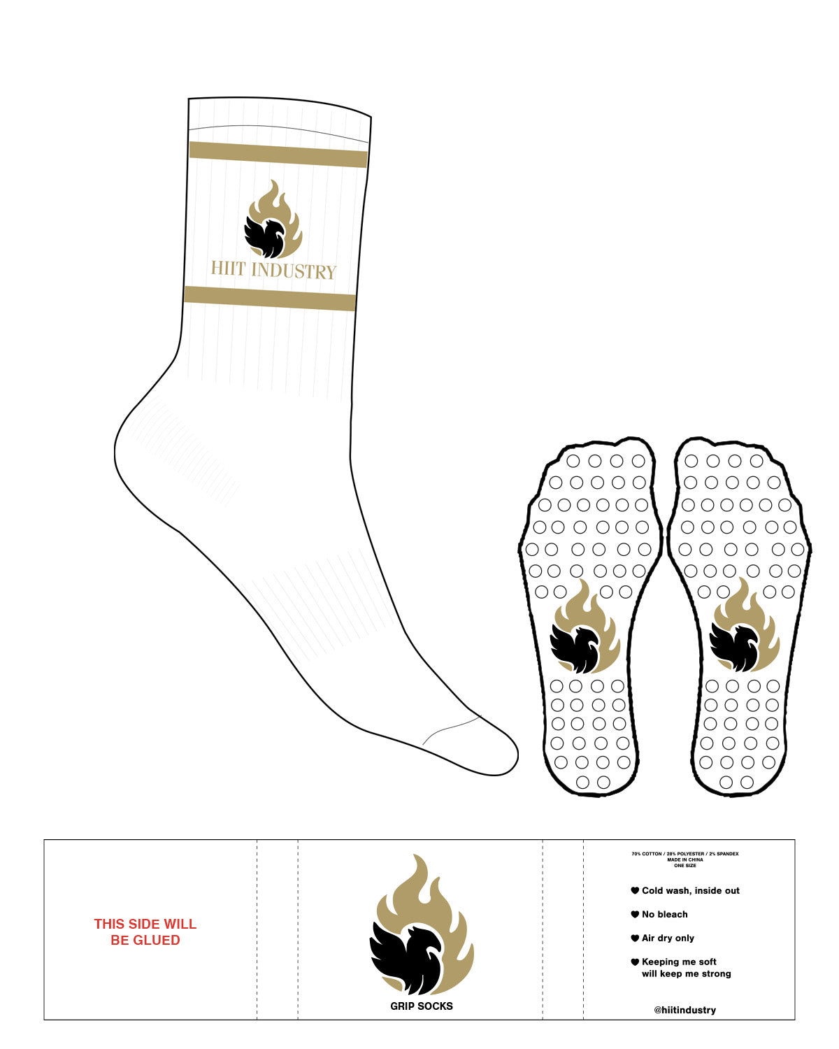The Crew Sock - White - HIIT Industry - 2 Strips - Top Logo Stacked - Full Color - Circle Shape Grip - Black