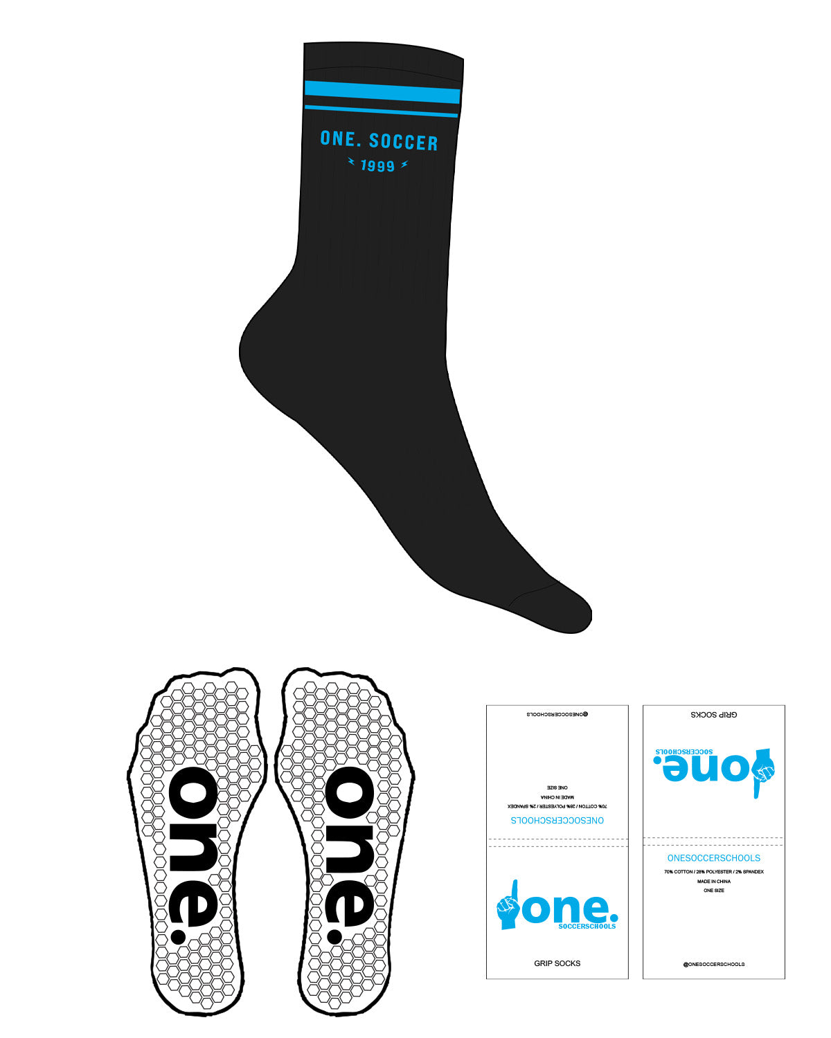 The Crew Sock - Black - One Soccer - 2 Strips Blue - Top Logo Stacked - Embroidered - Blue - Hexagon Shape Grip - Transparent - Kids Sizing