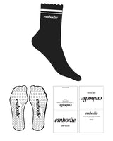 The 3/4 Crew Sock - Black - Embodie - Top Dual Strip - "embodie" Logo - White - Circural Shape Grip - White
