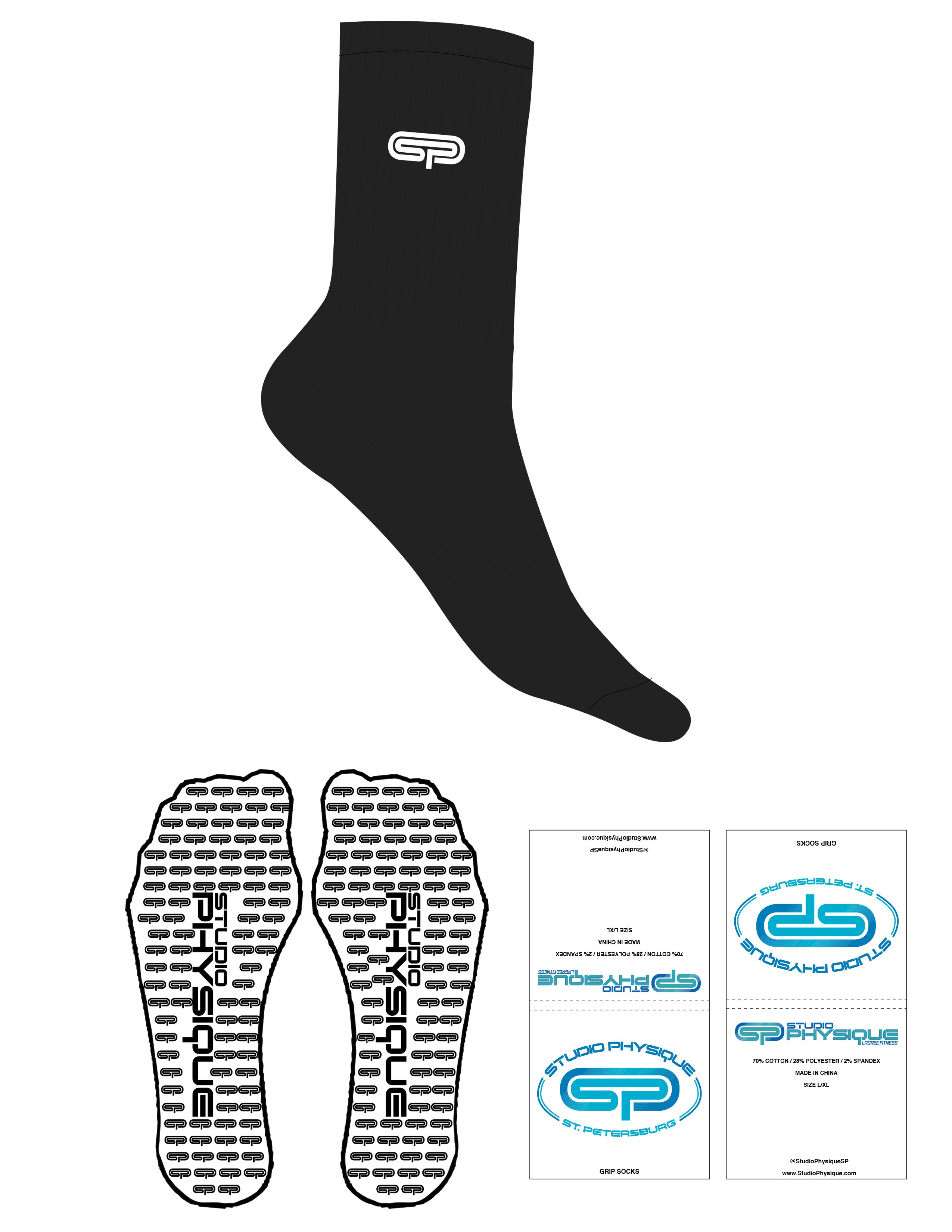 The Crew Sock Men Sizing - Black - Studio Physique - Men Sizing - Top Logo - Embroidered - White - Custom Icon Grip - Black