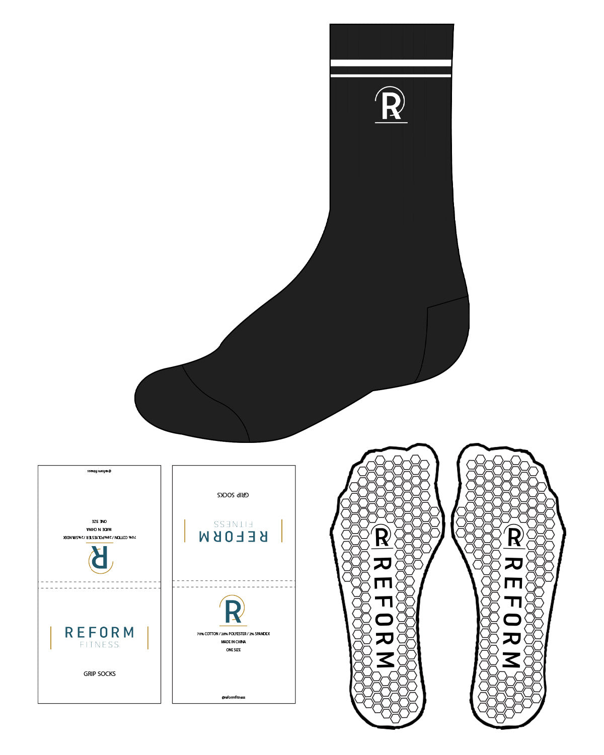 The Crew Sock - Black - Reform Fitness - Top Border Lines - "R" - White - Hexago Shape Grip - White